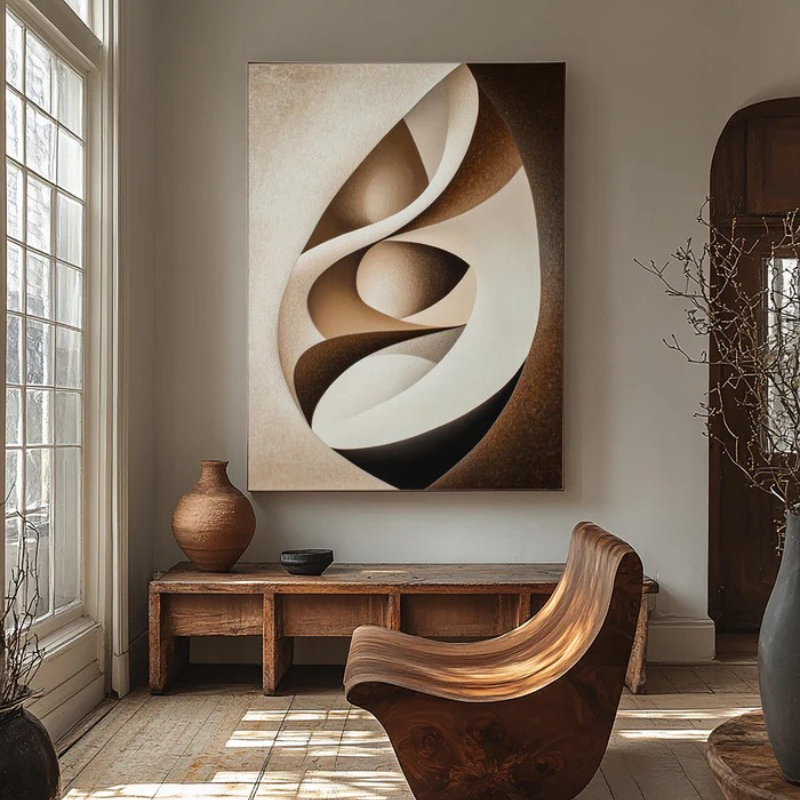 Hand-Painted Abstract Minimalist Canvas Wall Art - Modern Geometric Texture Oil Painting in Brown, Gray, and Beige, Frameless 2D/Flat Design, Suitable for Living Room, Bedroom, Office Decor, Wall Art Decoration