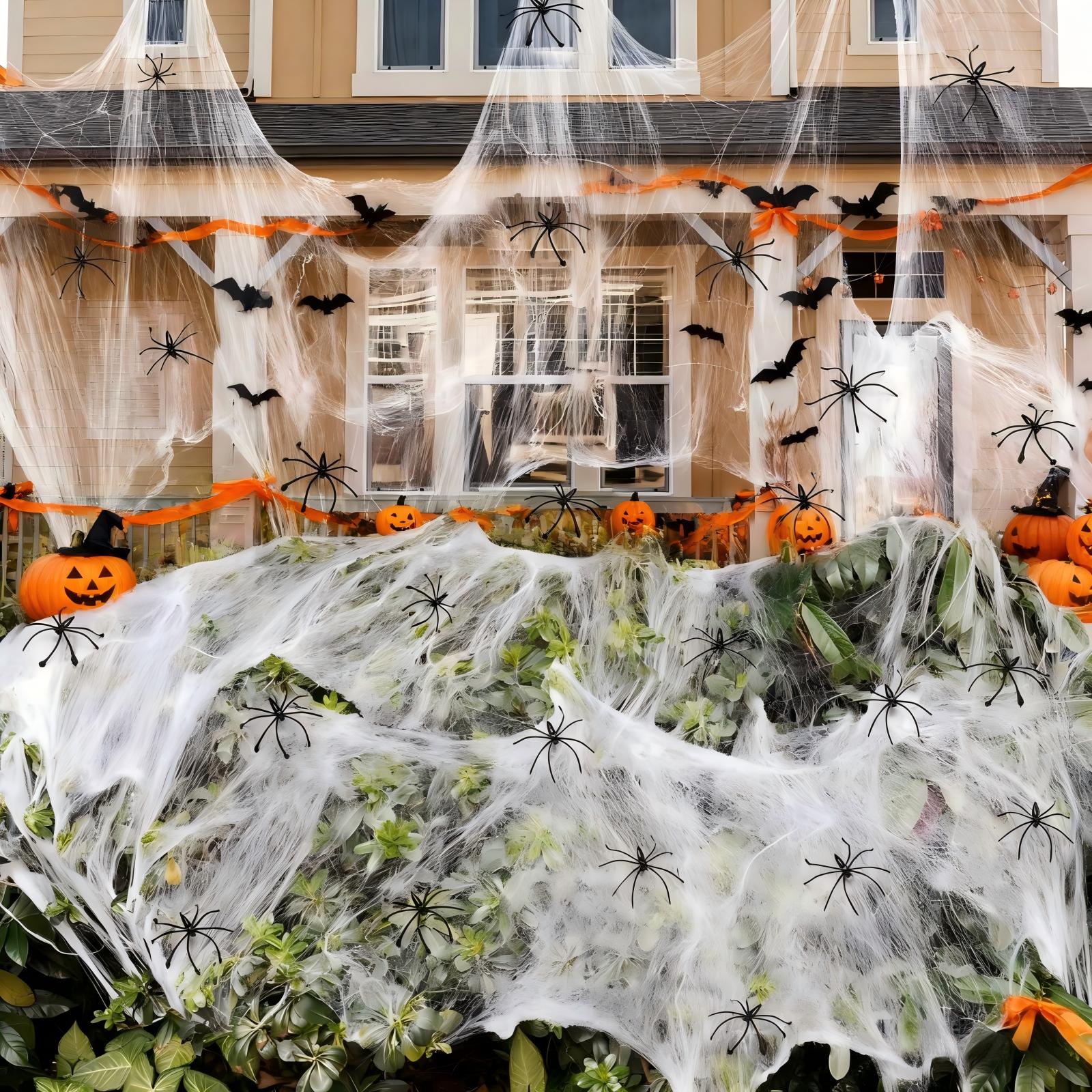 Image of Halloween Stretchable Webs Decorations With 150 Extra Fake For Indoor & Outdoor Scary Atmosphere - Ideal For Halloween, Party, Masquerades, Carnivals
