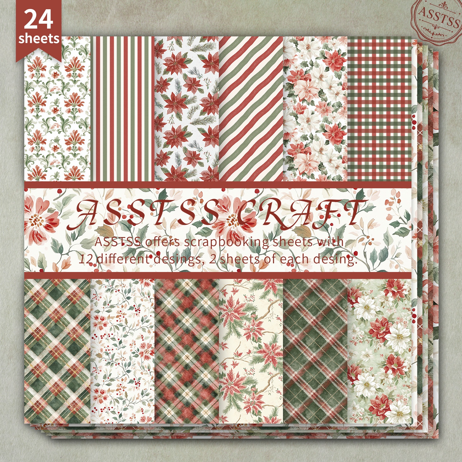 TEMU 24-sheet Asstss 6*6inch Scrapbooking Paper Pad, Christmas Watercolor Red Green Vintage Stripe Flowers Style Backing Paper Supplies, Heavyweight