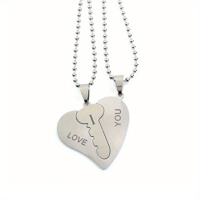 TEMU 2pcs/ Set Men' Steel Couple Pendant Necklace With Heart-shaped Design For Unlocking Keys Couple Necklace