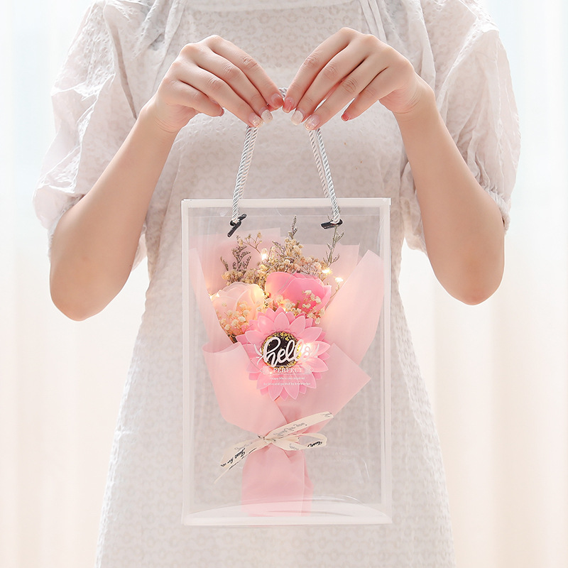 TEMU Lighted Flower Gift Box, Containing Sunflowers And Pink Carnations, With A Transparent Box And Light Strip, Suitable As A Holiday Gift