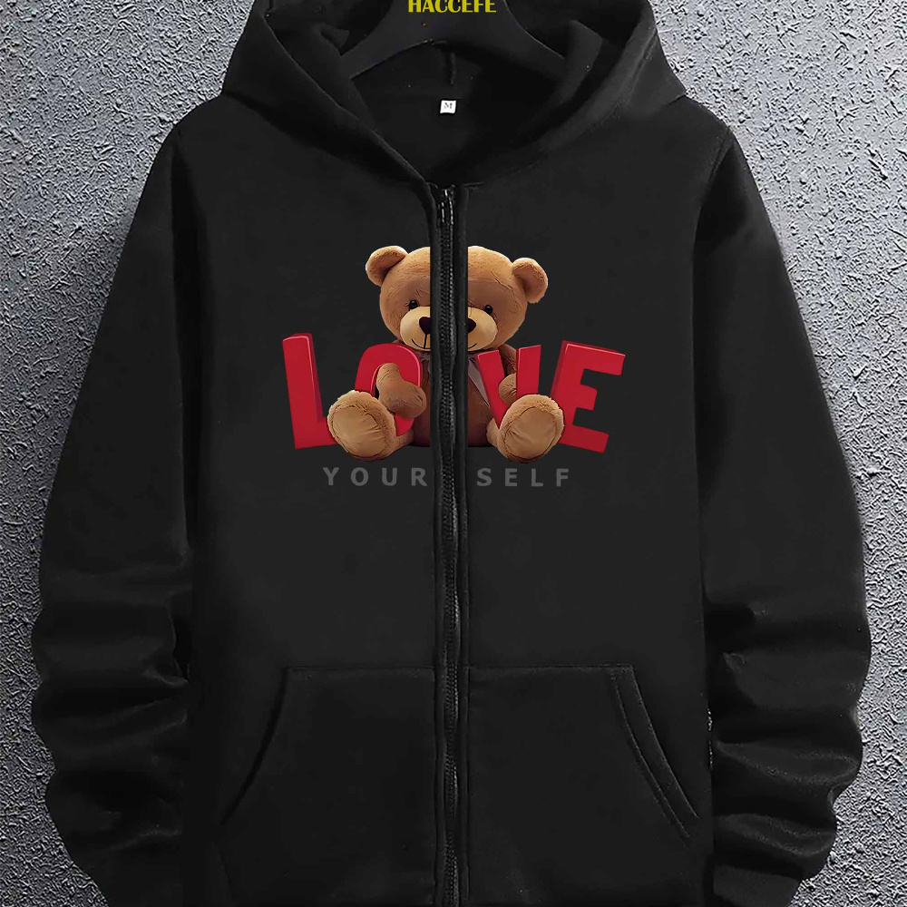 

Charm] Men's Casual Zip-up Hoodie With Cute Teddy Bear "love" Print - Long Sleeve, Polyester, Machine Washable, Teal Color, For Casual Attire, Cute Hoodies