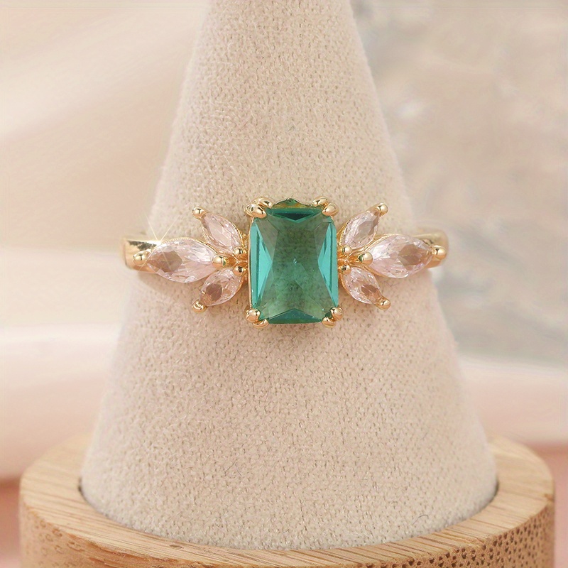 Emerald Leaf CZ Ring Geometric Nature Inspired Boho Wedding Jewelry