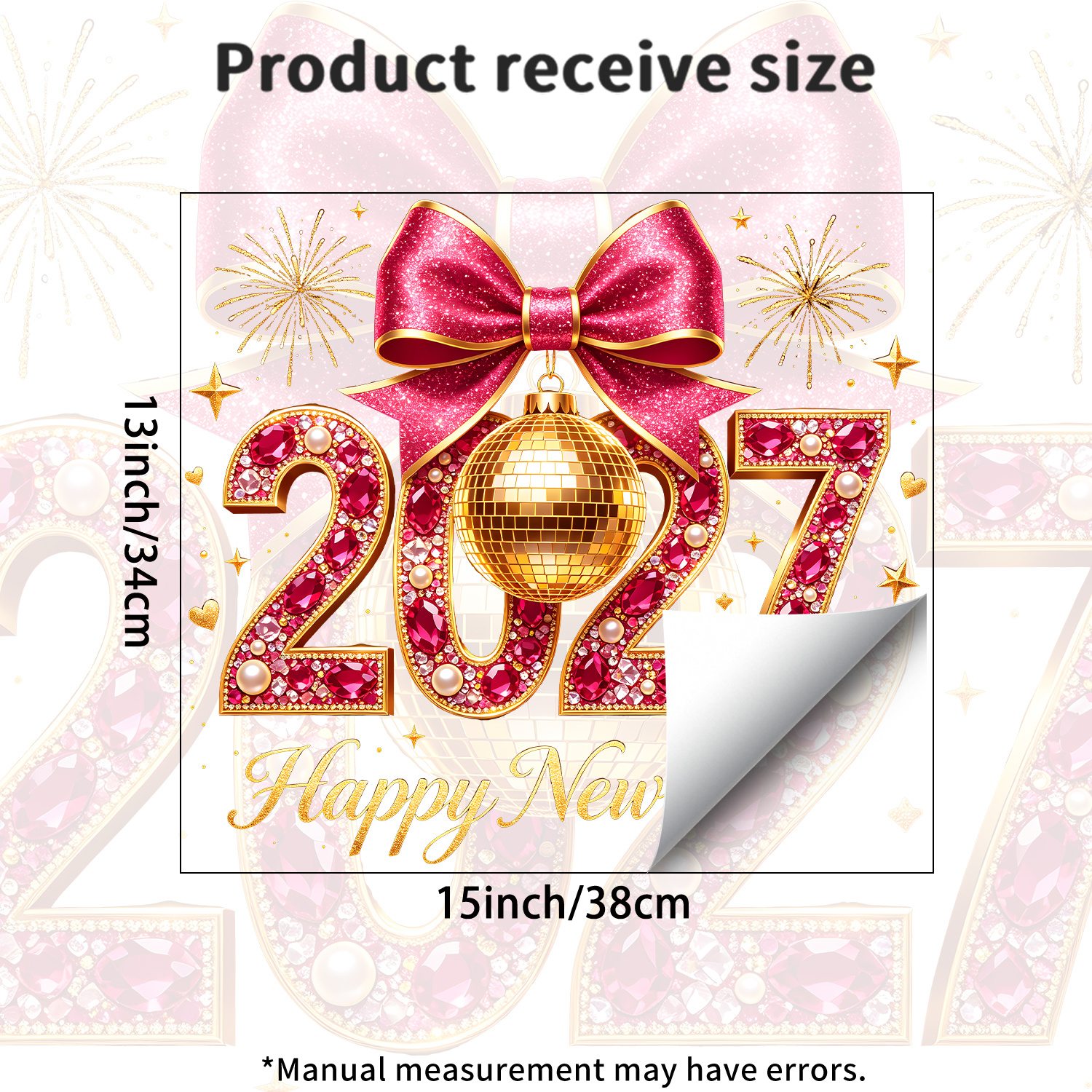 TEMU 1pc 2027 New Year Static Window Cling, Pink Golden Gemstone Numbers With Bow Disco Ball, Fireworks Stars Heart And New Year English,