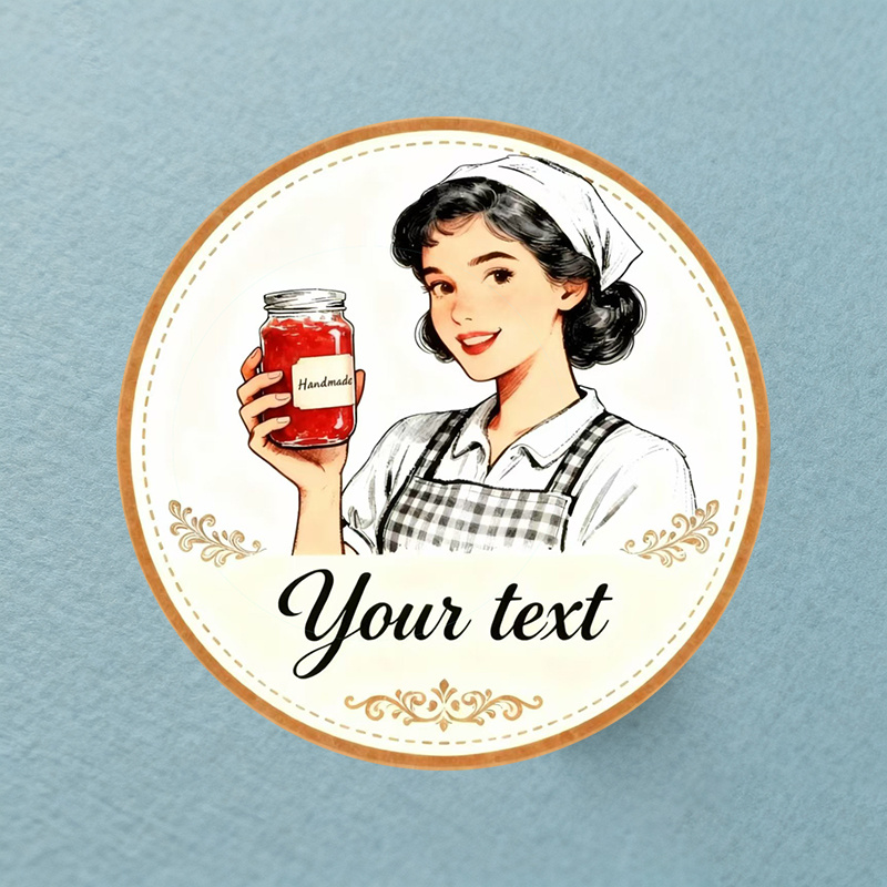 TEMU Personalized Vintage Jam Labels - Add Your Own Text! This Nostalgic Round Design Showcases A Woman In Vintage Clothing Holding A Jar Of Jam, Set