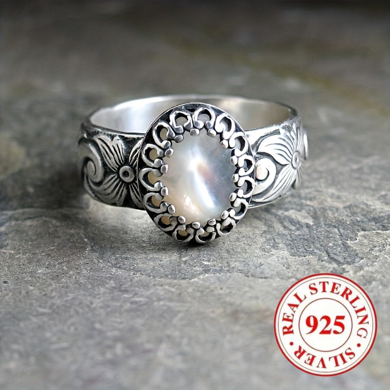 TEMU Retro Style 925 Sterling Silver Ring With Oval And Floral | Suitable For Engagement, Anniversary, Or Christmas Gifts, Plated K Total Weight Of