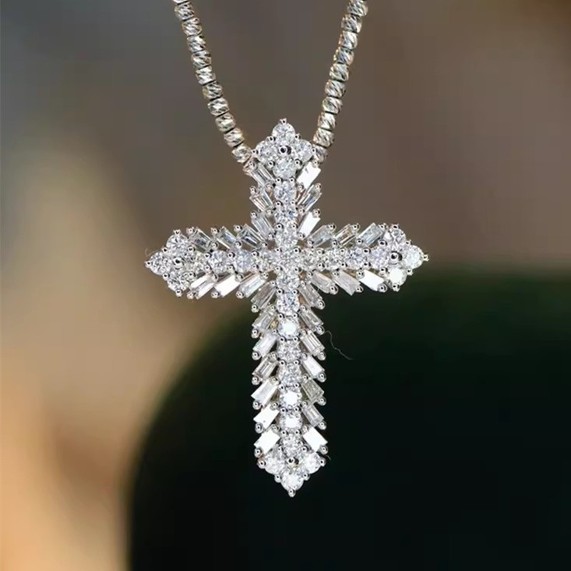 Image of 1pc Women's Fashion Pendant Necklace Luxury Sparkling Synthetic Zirconia Double Layer Cross Necklace Suitable For Men And Women Daily Party Easter Trendy Accessory