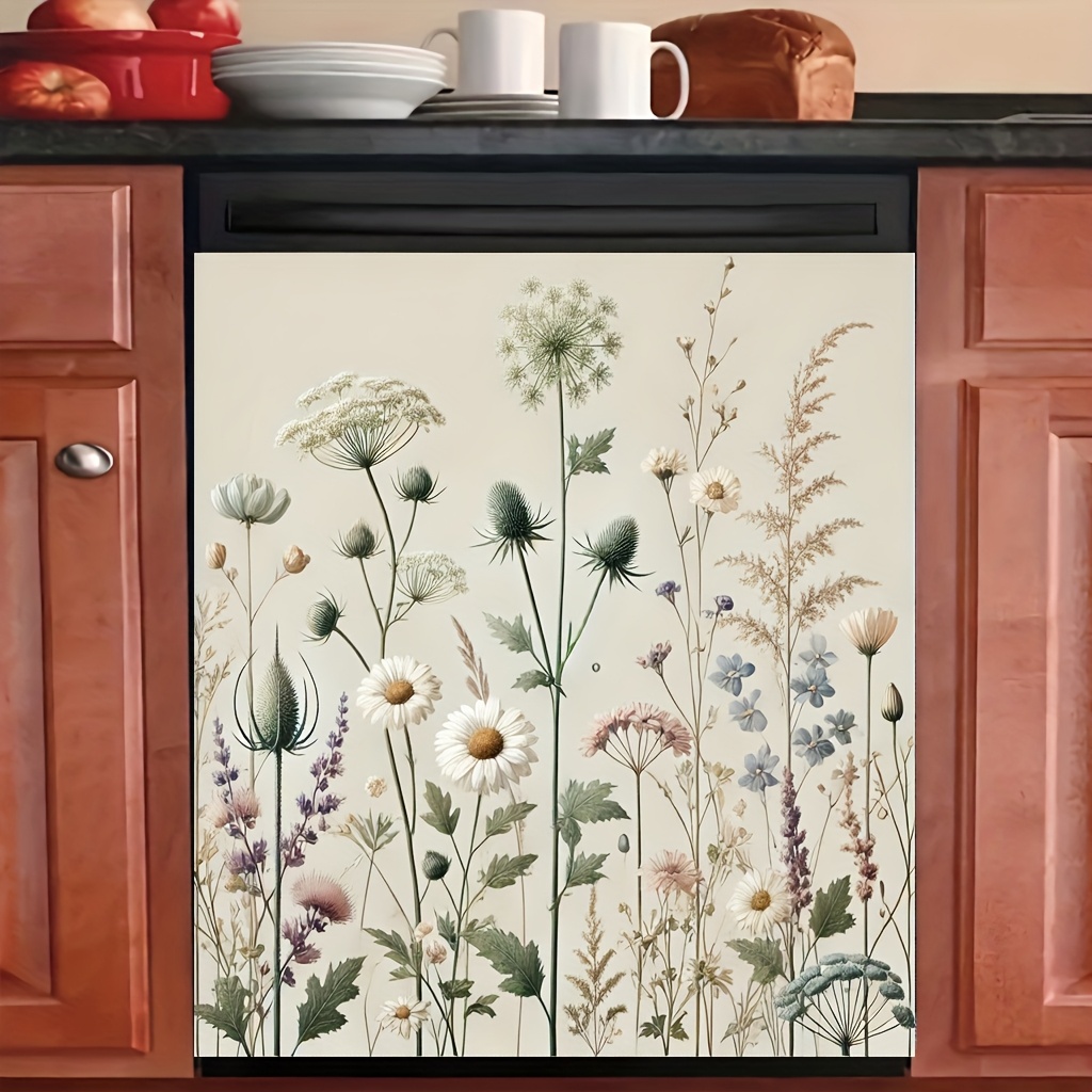 TEMU 2d Flat Wild Botanical Pattern Dishwasher Cover - Vinyl Scratch-resistant Overlay, Easy To Clean &, Fits Dishwasher Front Door & Fridge,