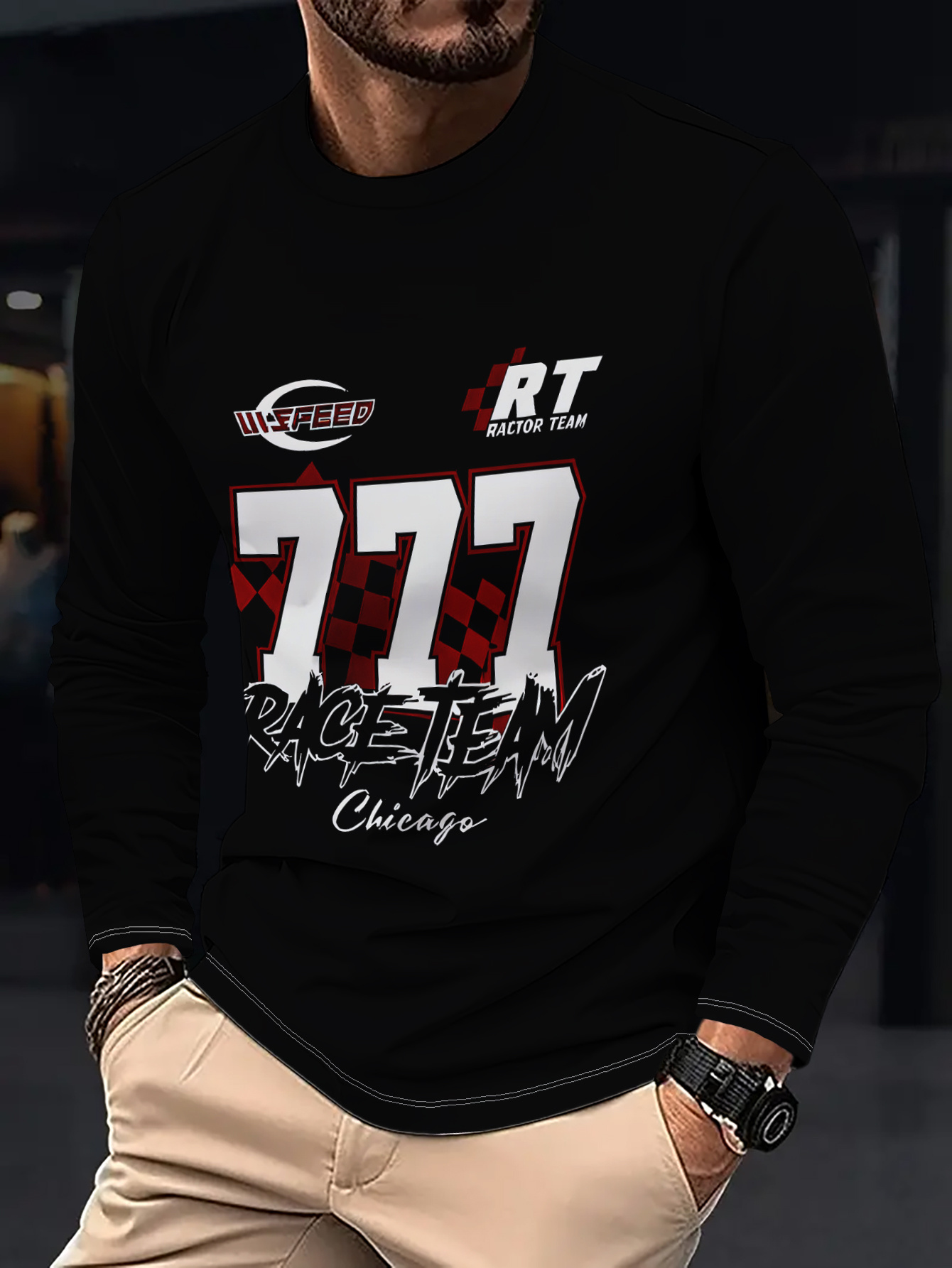 mens long sleeve t shirt   team chicago racing print sports casual top made of polyester suitable for everyday wear and travel
