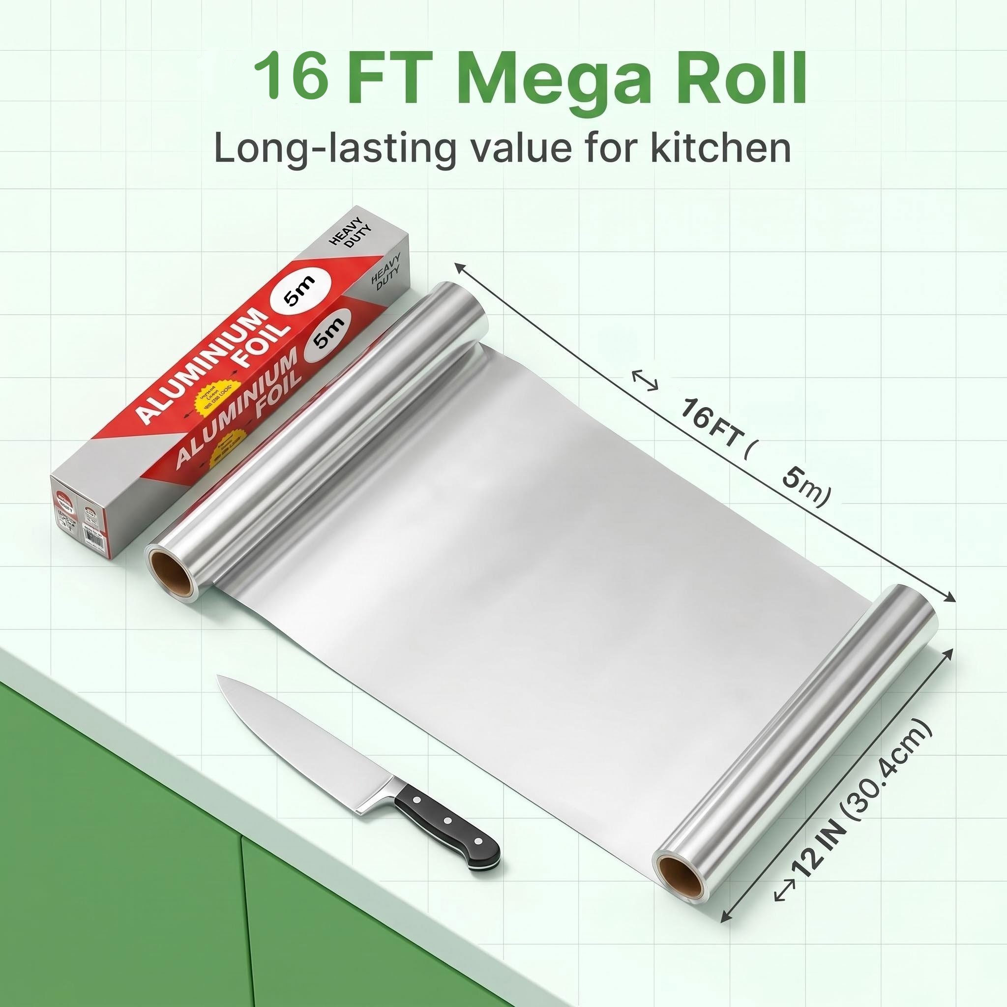 TEMU Rouleau de Feuille d'Aluminium Épaissie Améliorée, Papier d'Aluminium de Qualité Alimentaire Antiadhésif Facile à Décoller, 16FT*12in, Épaisseur