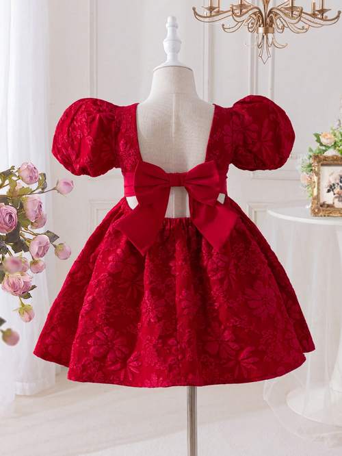 item picture girls summer new arrival backless bubble sleeve dress with large 3d bow casual jacquard princess dress for outdoor vacation
