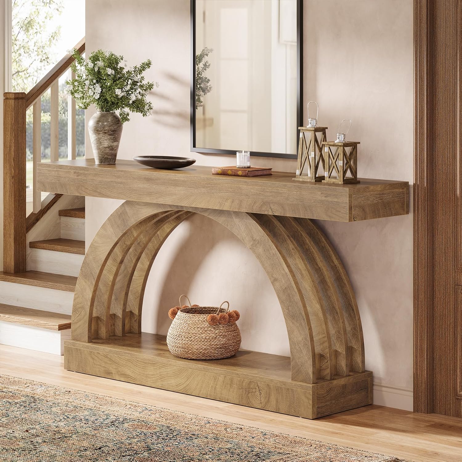 63-Inch Farmhouse Arched Entryway Console Table - 2-Tier Storage