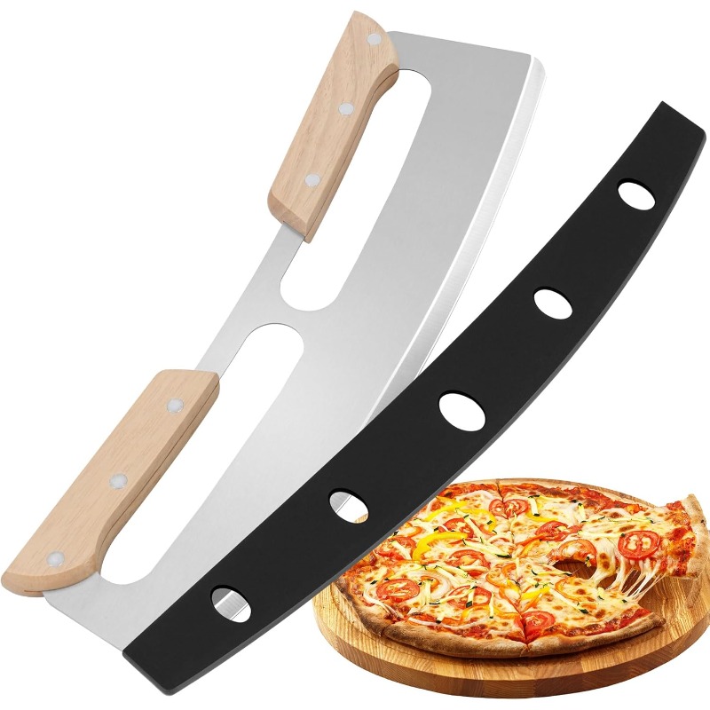 TEMU Pizza Cutter Rocker Blade With Wooden Handle, Premium 14inch Pizza Knife Rocker Cutter With Steel Blade And Protective Cover, Slicing Through