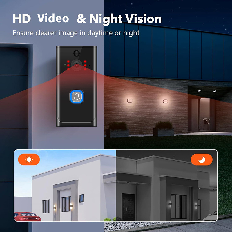 Timbre de puerta inalámbrico, audio bidireccional, video HD, cámara de timbre inalámbrico, cámara Wi-Fi con visión nocturna, alerta en tiempo real, alimentado por batería, timbre inteligente con campana, timbre de seguridad inteligente para el hogar, almacenamiento local y en la nube, fácil instalación.