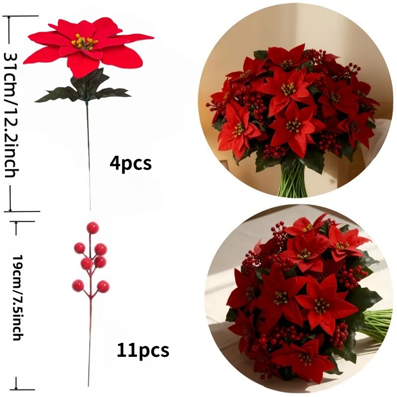 TEMU 15 pièces Fleurs Artificielles de Poinsettia et - Fleurs Décoratives de Noël Rouges avec Feuilles Vertes - Matériau Durable et Entretien -