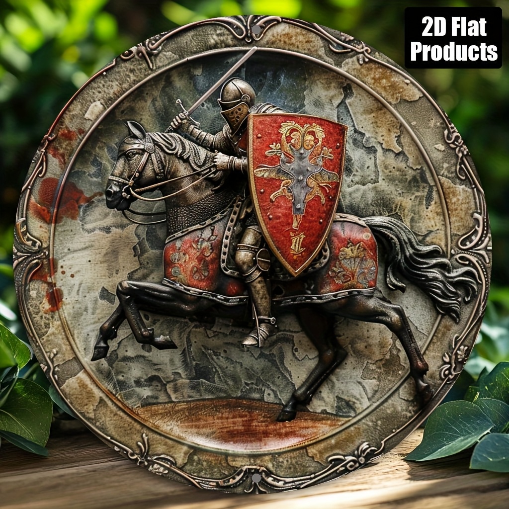 TEMU 2d Flat, 1pc Knight-themed Vintage Round Aluminum Wall Plaque - Medieval Wall Decor Suitable For Home, Cafe, Office, Party Decorations & Gifts,