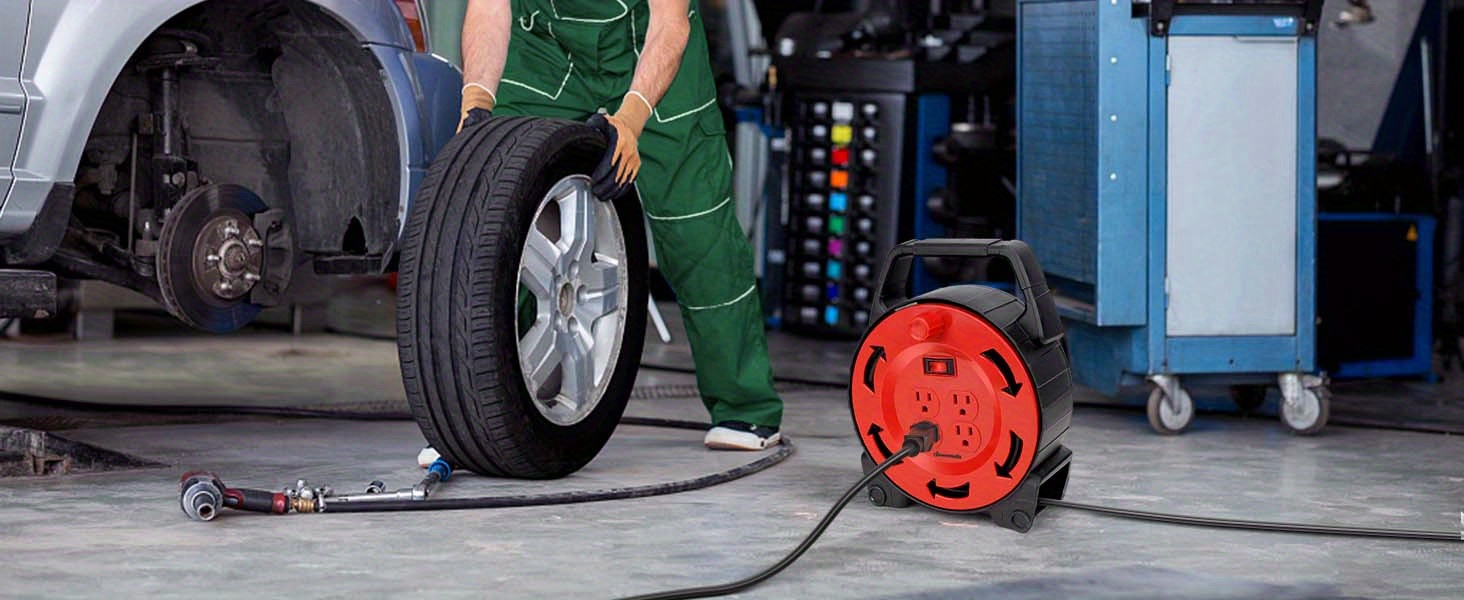 30-Foot 13A/125V Extension Cord Reel Featuring a 16/3C SJTW Black Cable, Equipped with 4 Outlets, a Circuit Breaker, a Power Switch, And an LED Indicator, Along with a Retractable Power Wheel