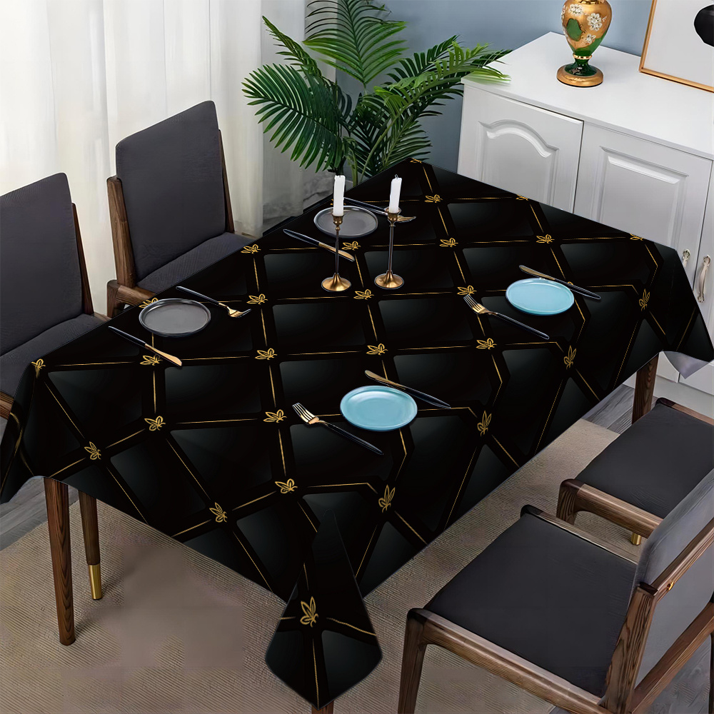 

1pc Elegant Black & Golden Geometric Tablecloth - Waterproof, Oil-resistant, Polyester, Rectangular Dining Cover For Home Decor, Or Gatherings