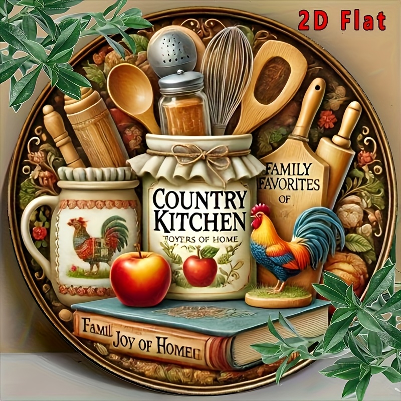 TEMU 2D Plat - Plan 2D, une décoration murale ronde en bois de cuisine de vintage - dans un style de ferme rustique, avec des trous pré-percés, un