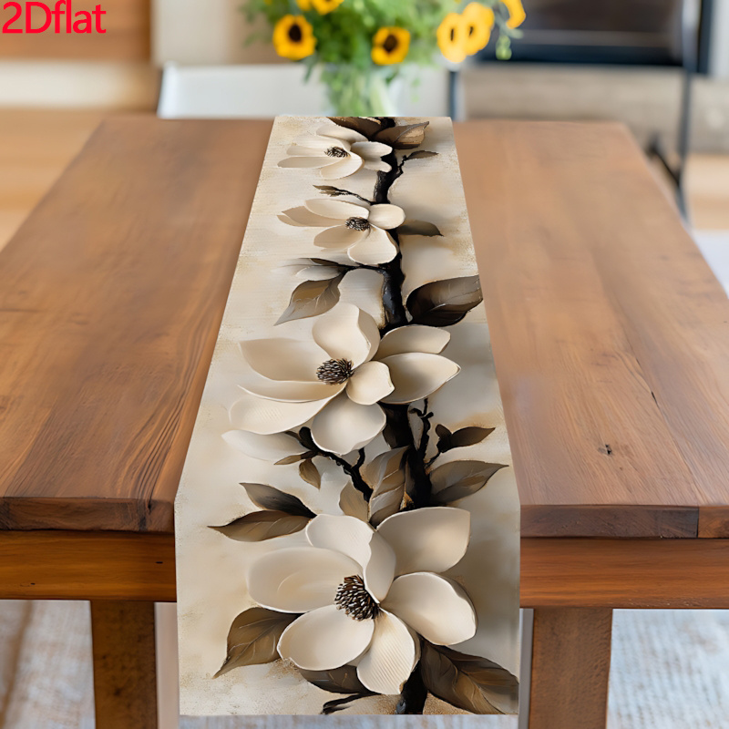 TEMU 1pc 2d Flat Floral Style Table Runner, Featuring White And Brown Flower Pattern, 2d Printing Technique, Suitable For Spring, Parties, Picnics,