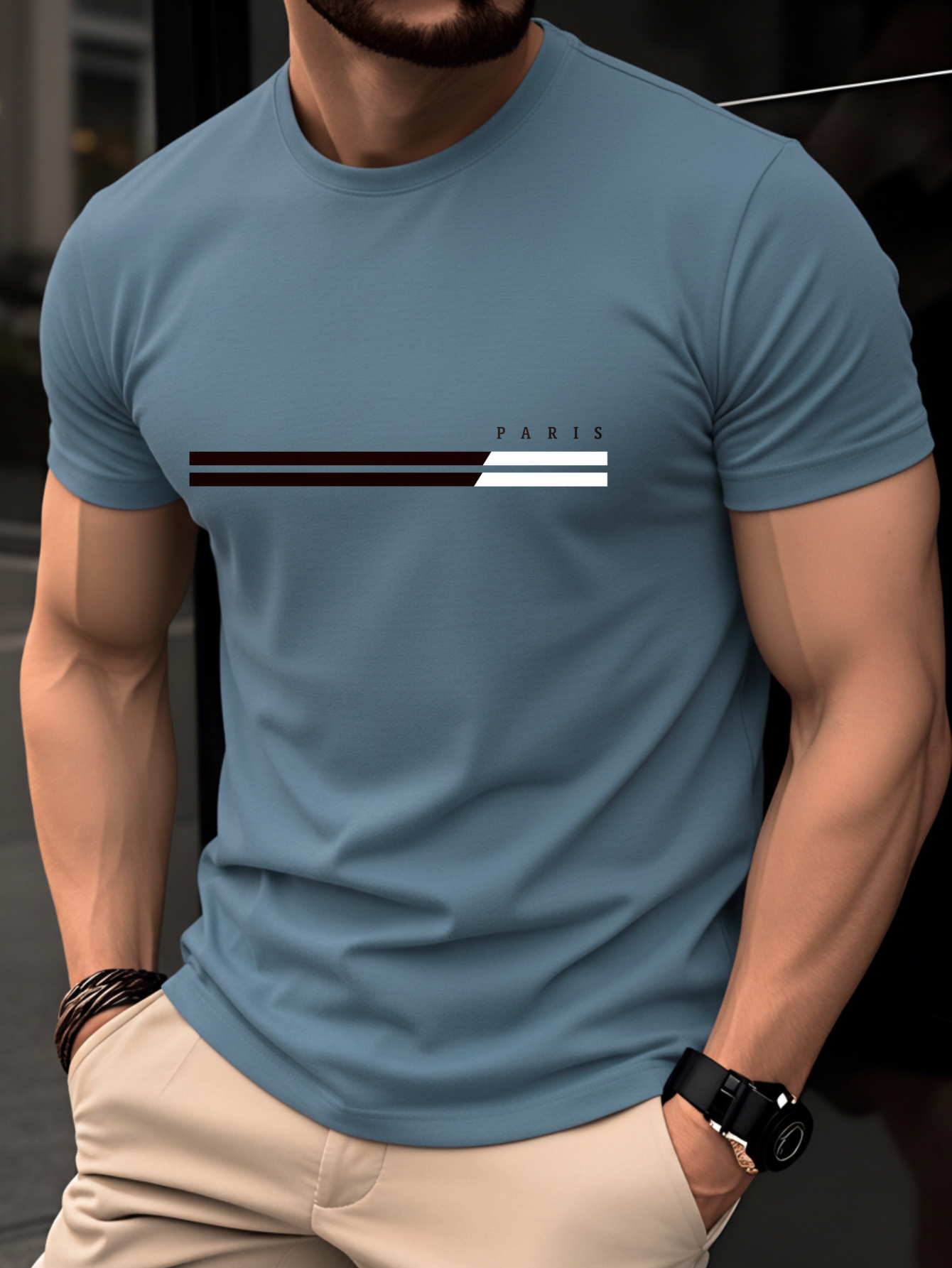 item picture mens 100 cotton t shirt   fit short sleeve crew neck paris letter stripe print suitable for casual summer wear breathable   versatile daily outfits with parisian style
