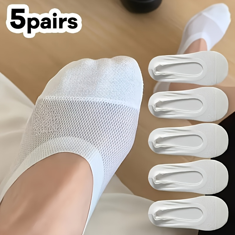 5 Pairs Light Beige And White Breathable Comfortable Cute Ladies' Non-slip Invisible Socks|, Elastane, Machine Washable, Solid Color, Spring/summer, Brand, For Teenager, For Teenager