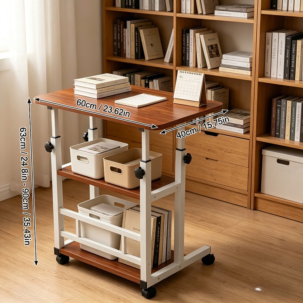 Height Adjustable Computer Desk with Storage Shelf and Wheels, Mobile Rolling Desk for Home Office, Small Space Study Workstation Desk