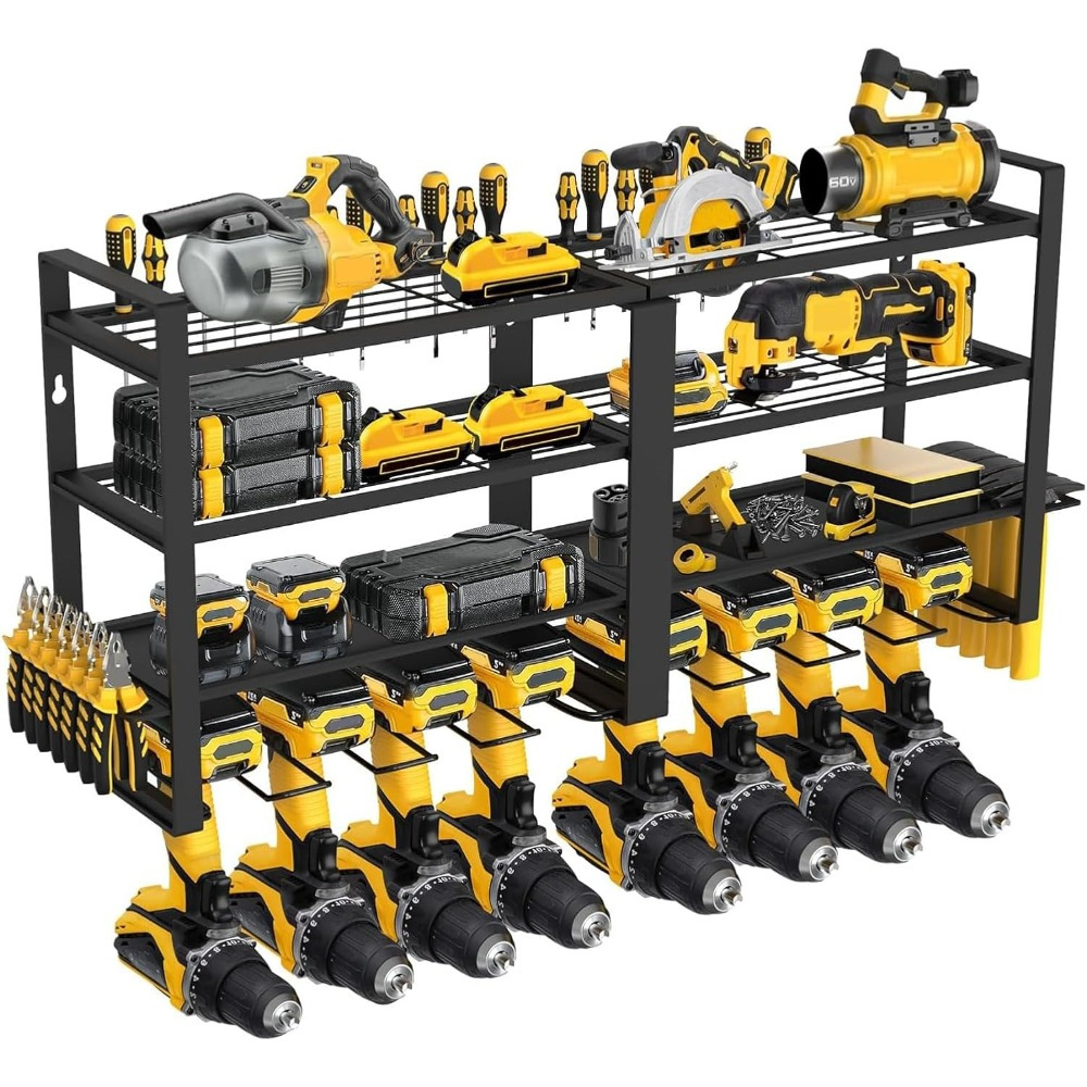 TEMU Heavy-duty 4-tier Wall-mounted Power Tool Organizer - Durable Metal Storage Rack For Garage Organization | Includes Screwdriver, Pliers & Hammer