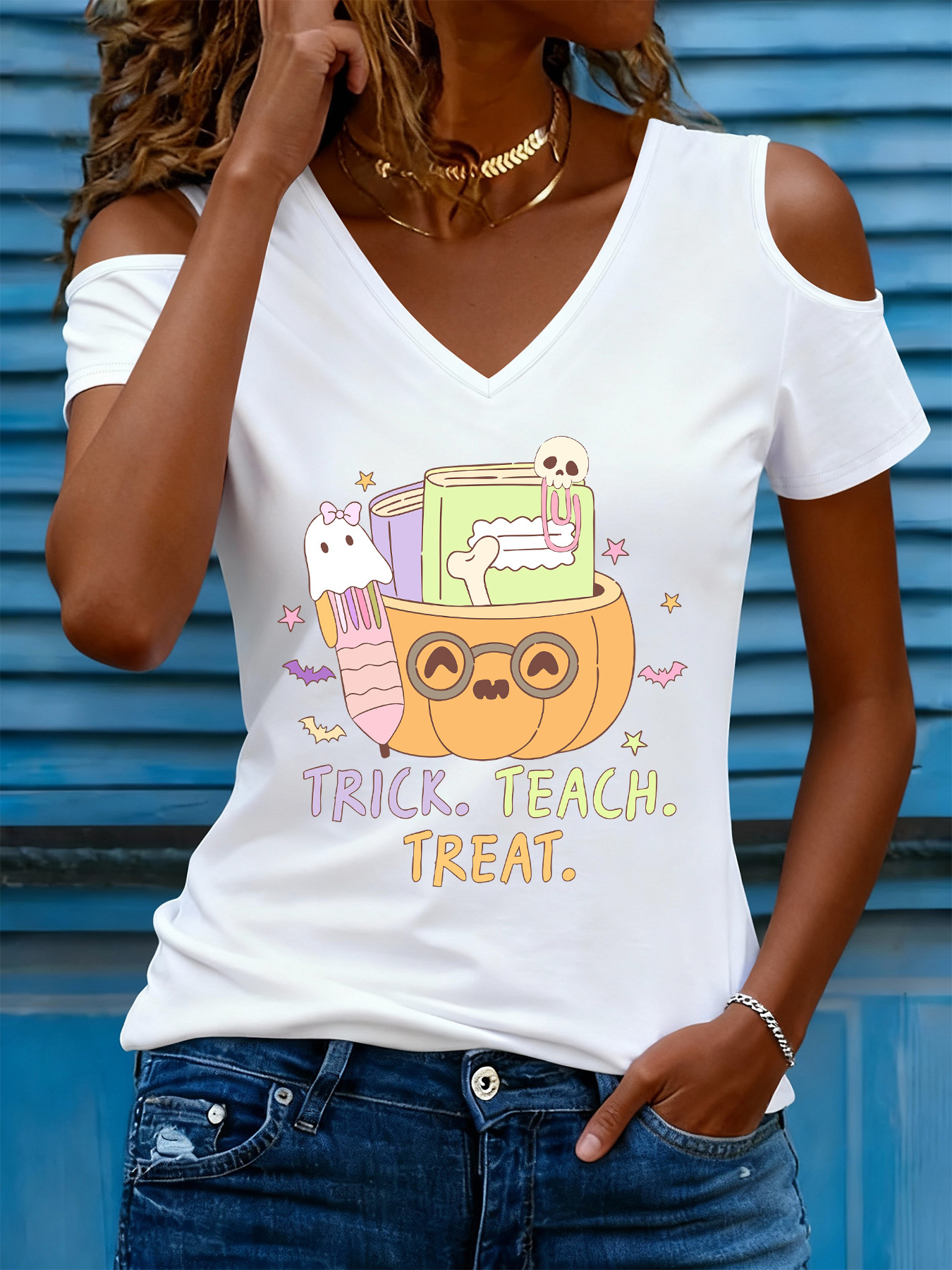 off shoulder short sleeve t shirt womens off shoulder top with fun cartoon   versatile for halloween