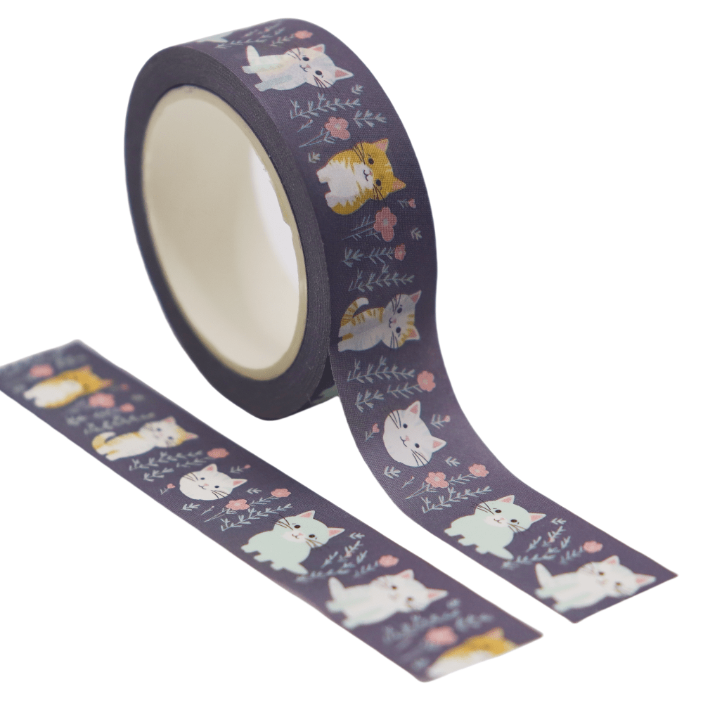 Image of A Roll Of Spring-themed Washi Tape, 393.7 Inches Long And 15mm Wide - Featuring A Dark- Kitten And , Suitable For Scrapbooking, Diy Crafts, Stationery, And Gift Wrapping