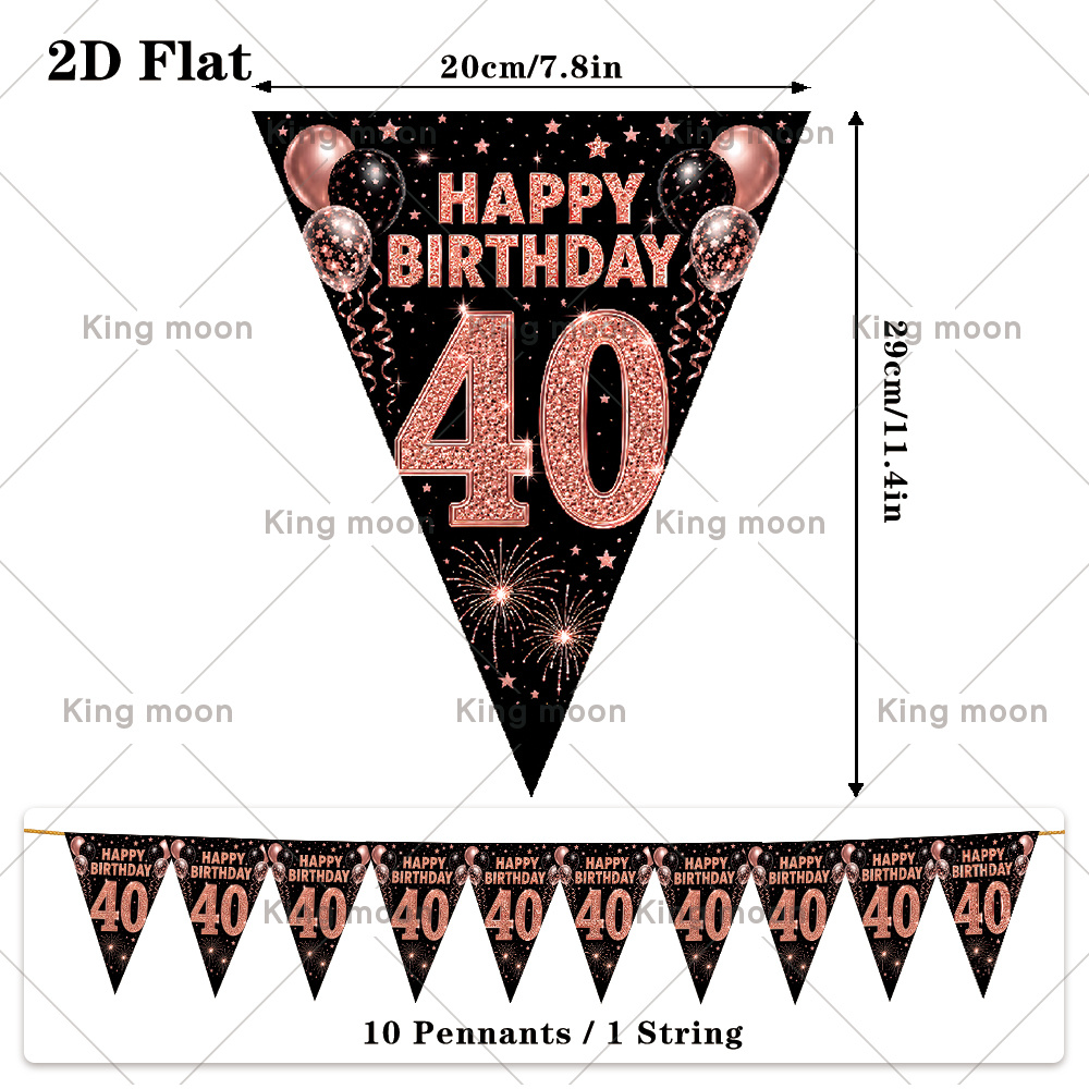 TEMU Plat 2D, Bannière Plate 2D, 10pcs Banderole Triangulaire 40e Anniversaire Or Rose, Fanion d'Anniversaire Numéro Ballon Paillettes sur Fond Noir,