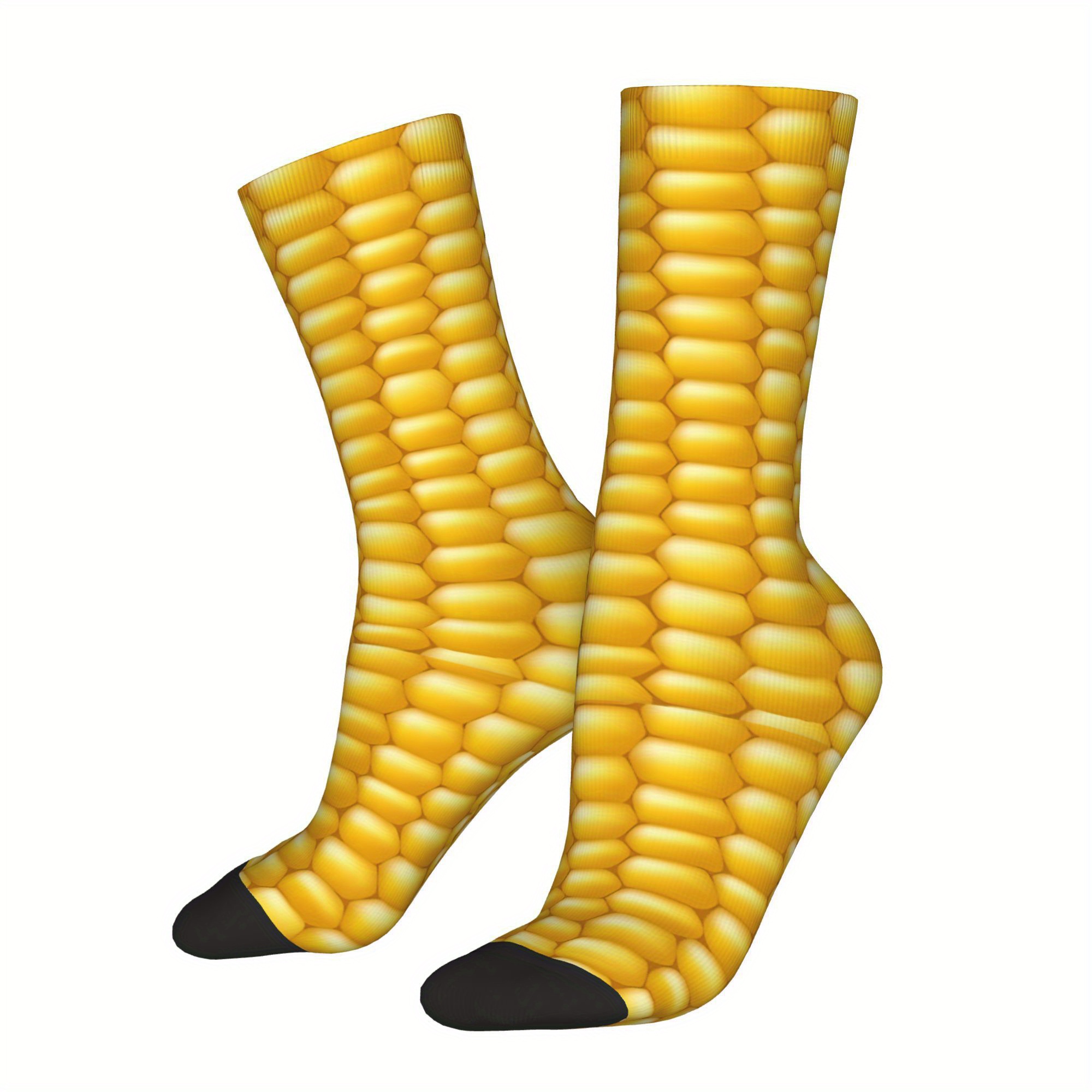 TEMU Corn Cob Print Novelty Socks For Men - Soft & Breathable Polyester Blend, Elastic Ribbed Cuff, Realistic Corn Design, Hand Wash/, Casual Wear