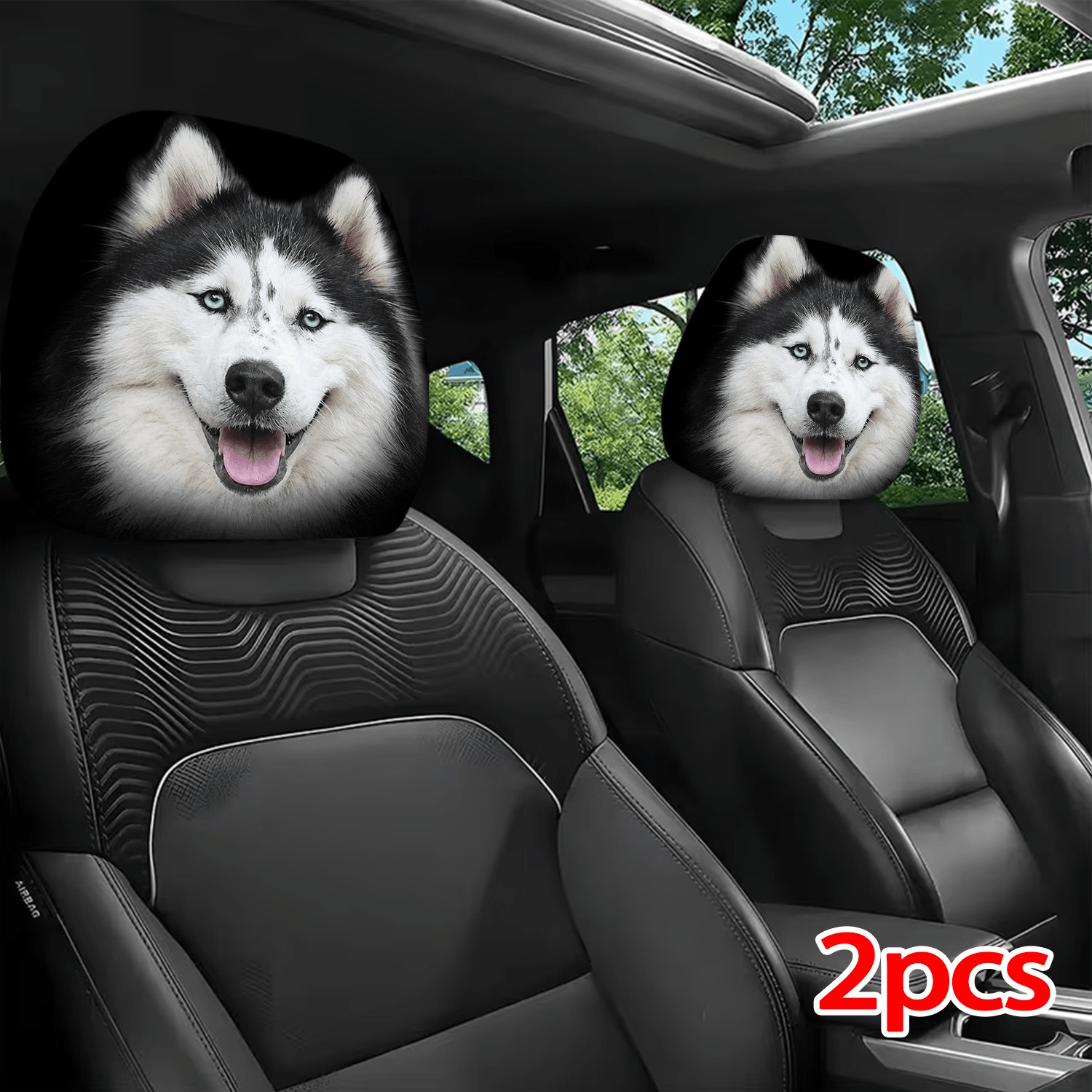 TEMU 2pcs Set Of Adorable Husky-themed Car Headrest Covers, 2d Flat Design, , And Remove, Machine Washable, A Perfect Versatile Car Accessory. Ideal
