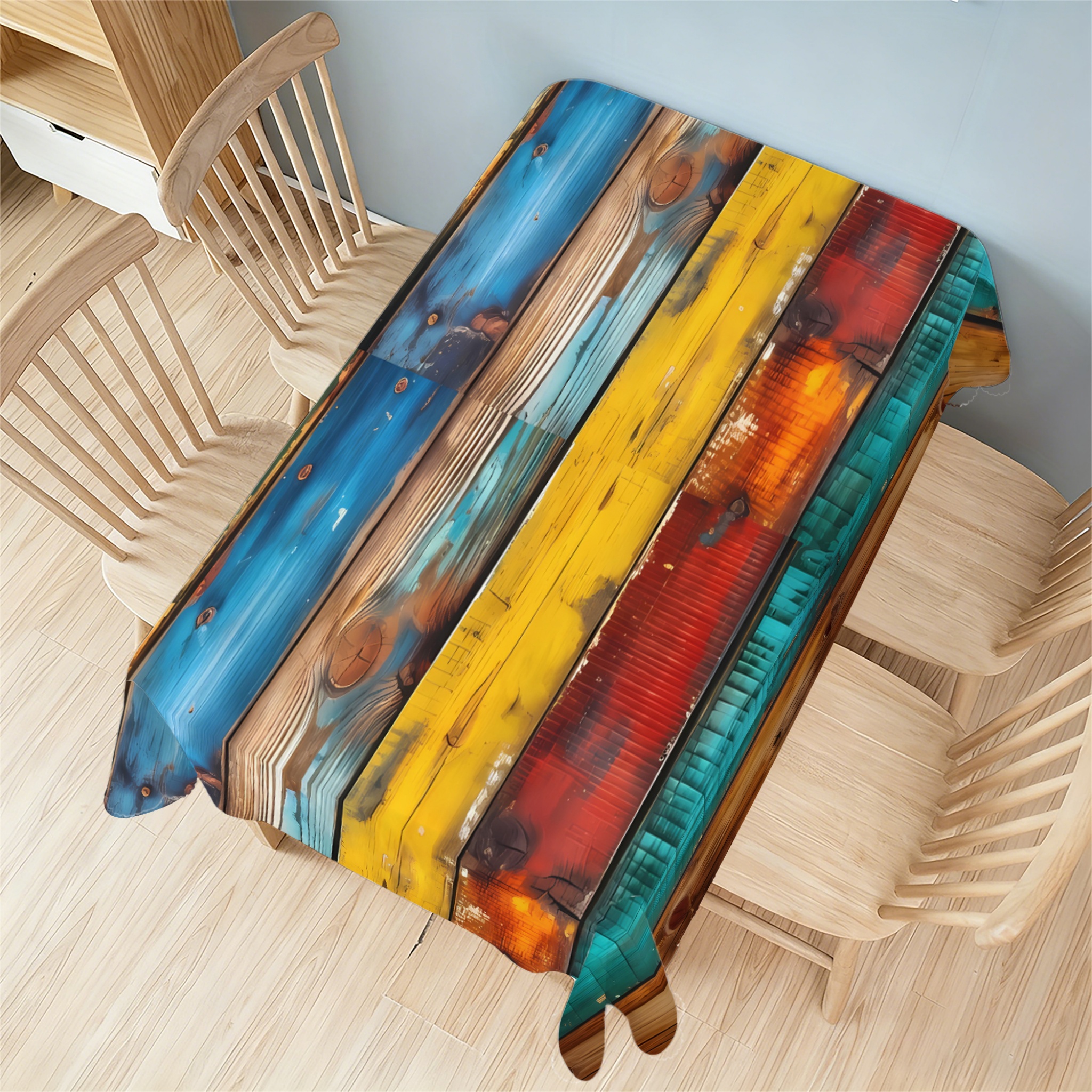 TEMU 1pc Vintage Colorful Wood Grain Print Tablecloth, Bohemian Style Plank Design, High-definition Printing, High Quality,, Durable Polyester,