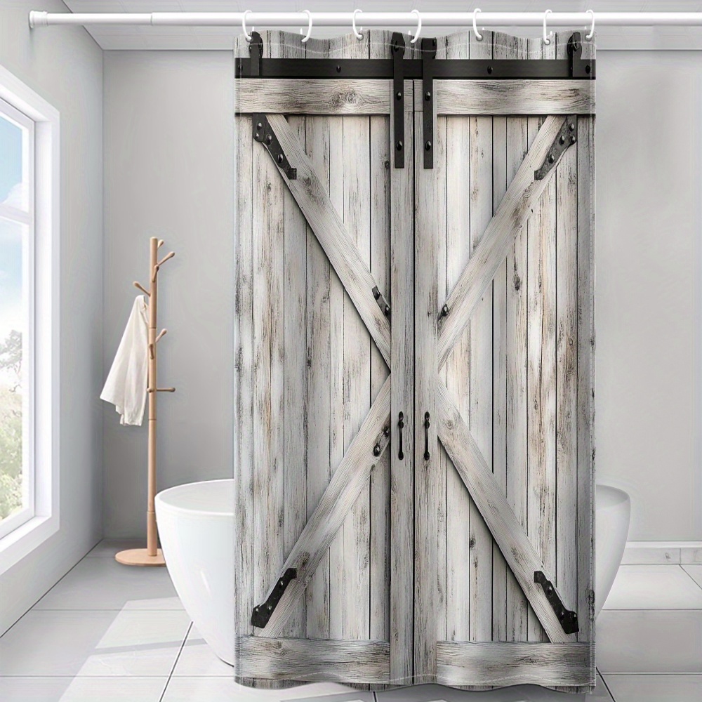 TEMU 1 rideau de douche imprimé motif porte en bois de , style industriel vintage, décoration intérieure de salle de bain avec crochets en plastique,