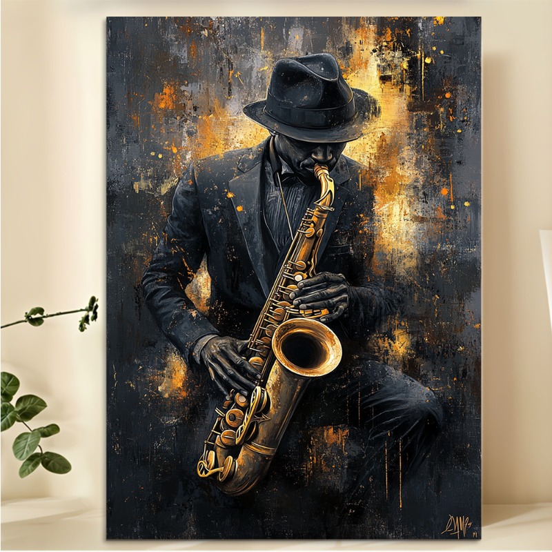 TEMU 2d Flat, 1pc 2d Flat, Unframed Canvas Art - Wall Decorationmodern Jazz Saxophone Musician Wall Art, Black And Abstract Canvas Print For Living