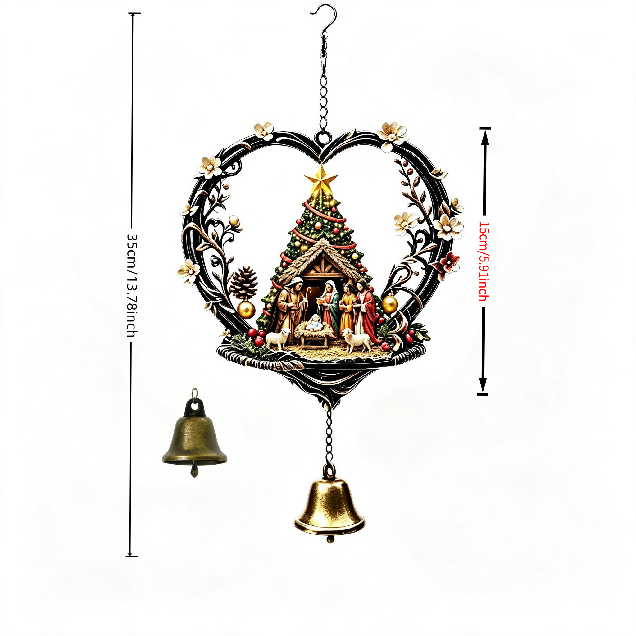 TEMU Carillon à Cloche en Cuivre Simple 2D Plat Gravé avec Cadre Floral de Cœur, de la dans une Étable de Noël et Sapin de Noël. Suspendu à sur les