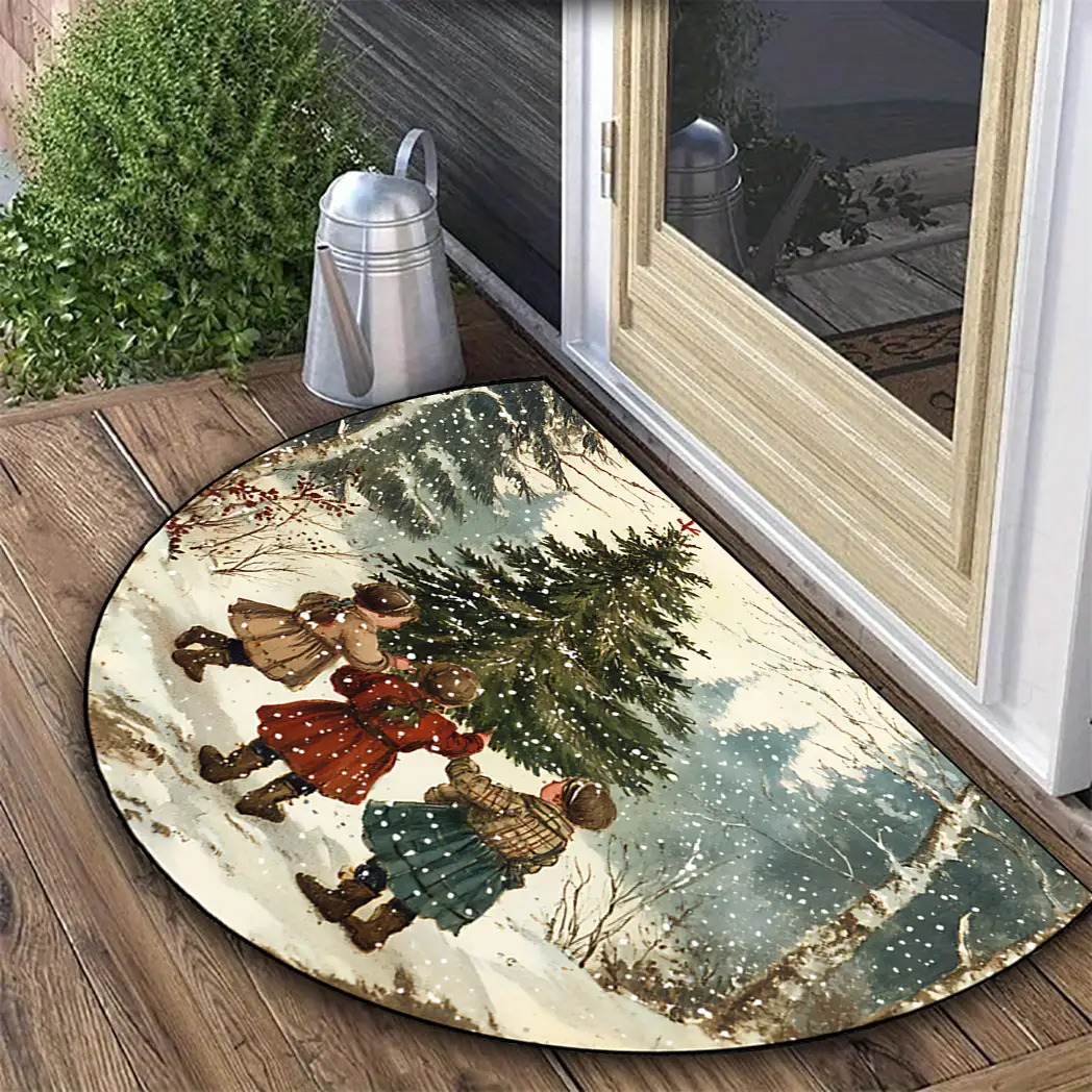TEMU 1pc Christmas Tree Patterned Semi-circular Non-slip Entrance Doormat, Suitable For Courtyard/patio/living Room/bedroom/dining Room/bathroom. The