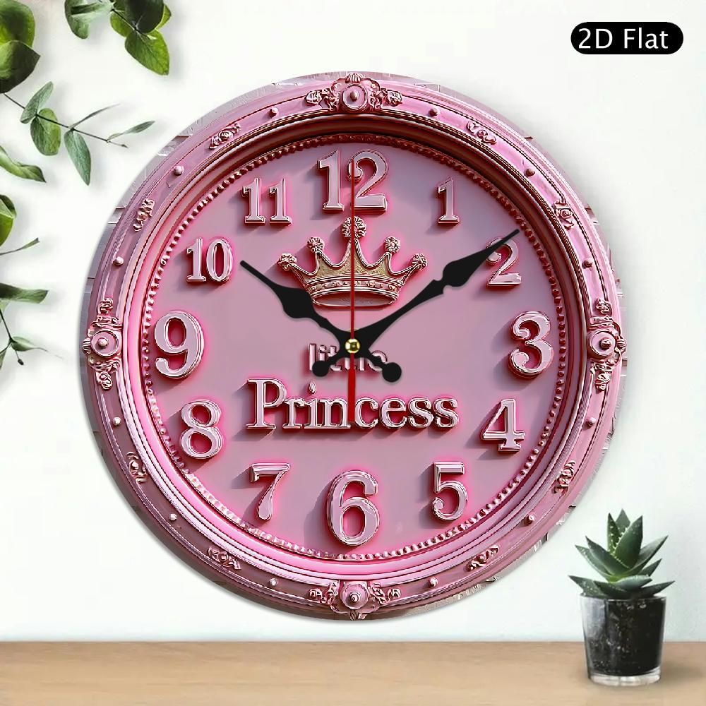 TEMU 2d Flat 1pc 10-inch Pink Silent Wall Clock With "little Princess" - Non-luminous Wooden Quartz, Perfect For Nursery, Living Room, Bedroom, Or