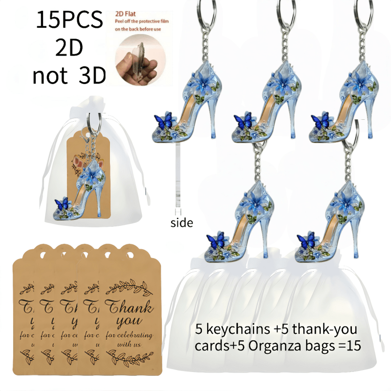TEMU 2d Flat, 15pcs 2d Flat Cute And Heel Shoe Charms - 5 Acrylic 2d Design Keychains + 5 Thank You Cards + 5 Gift Organza Bags | Suitable For Cars,