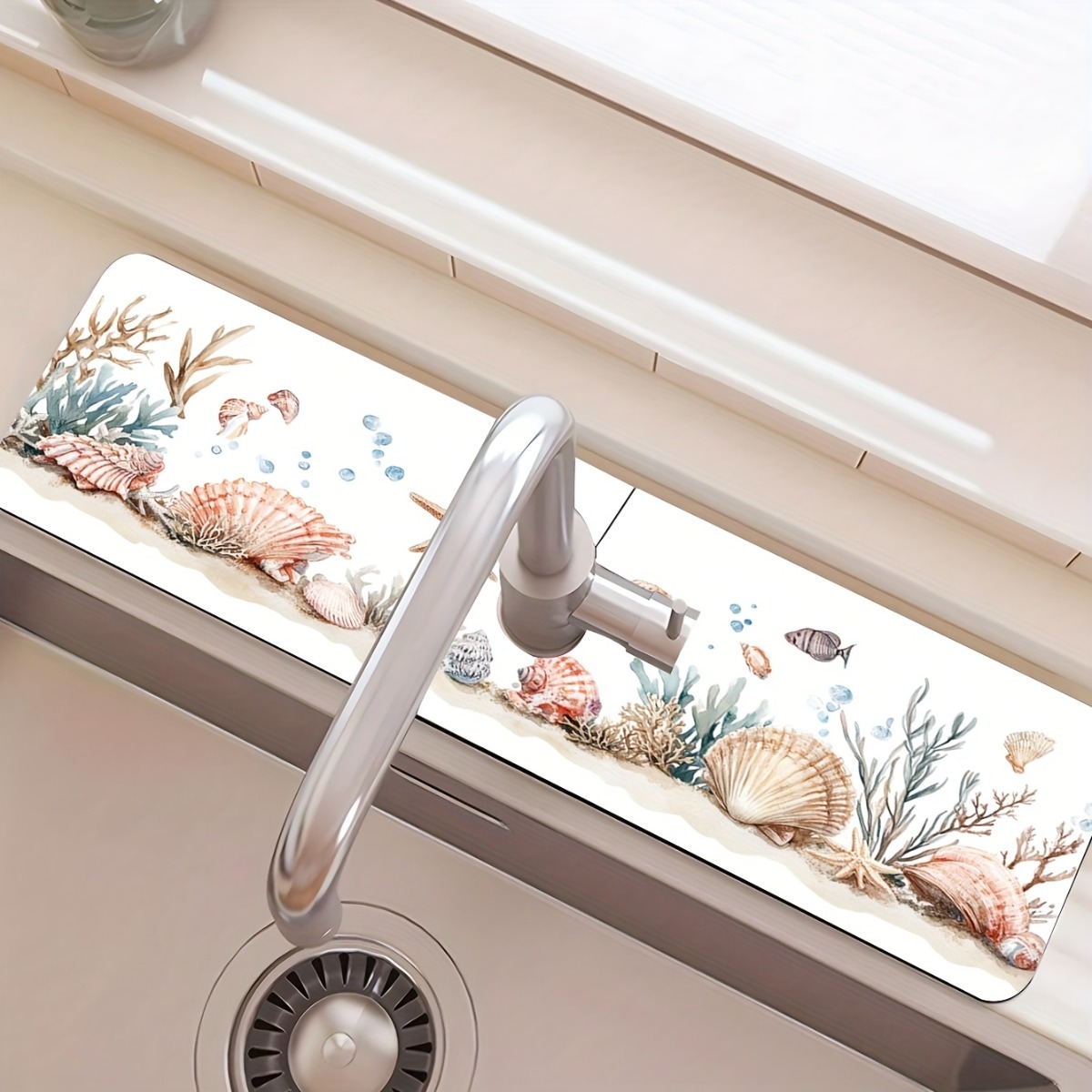 TEMU 1pc Summer-themed Polyester Drying Mat With Starfish And Seashell Design - Durable, Absorbent Splash Guard, Suitable For Kitchen And Bathroom