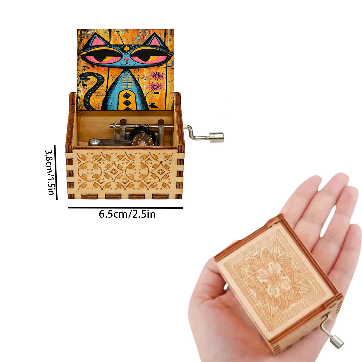 TEMU 1pc Wooden Music Box Hand-painted Cat Pattern Creative Ornament Hand-cranked Sounding Table Decoration Gift Box Features A Wooden Body With A