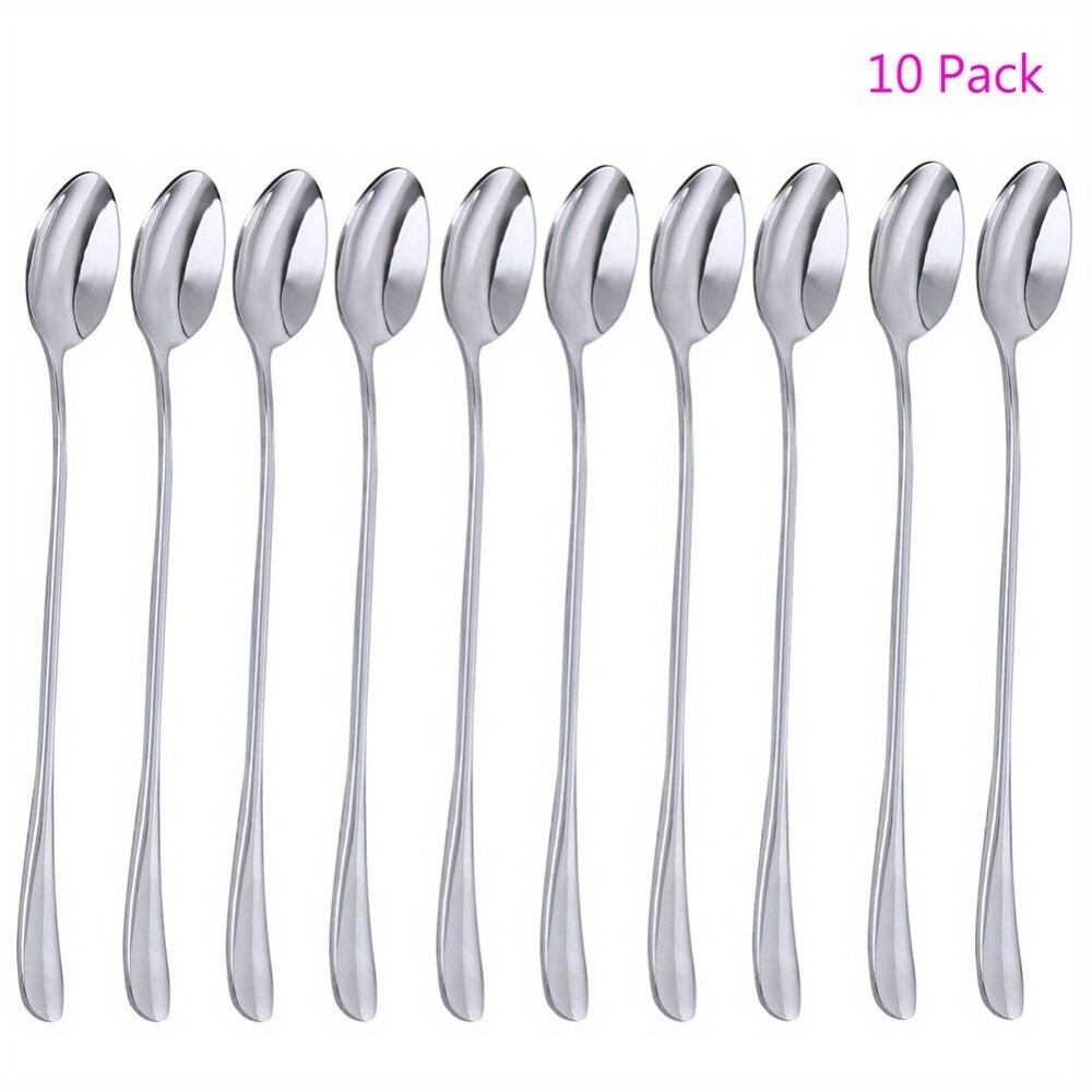 TEMU 10pcs Stainless Steel Long Spoons | Strong & Durable Metal Utensils | Ideal For Daily Stirring, Coffee, Tea & Desserts | Multi-pack For Home,