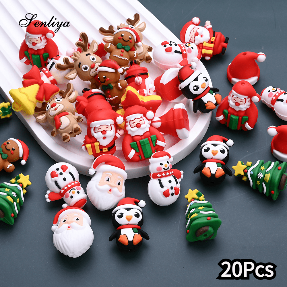 TEMU 20pcs Random Mixed Christmas Silicone Shaped Beads, Santa Snowman Xmas Tree Gingerbread Man Reindeer Penguin Bell Through Hole Spacer Beads For