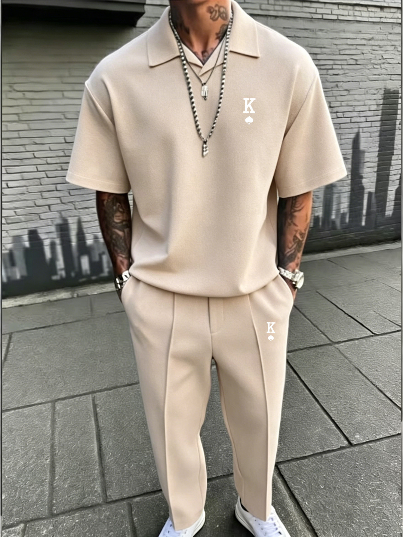 Ensemble Polo Oversize & Pantalon Slim Homme Ensemble Streetwear Adolescente, Polo à Col Cubain Oversize et Pantalon Slim-Fit, Tenue Chic Minimaliste pour Occasions Décontractées et Smart Casual, pour l