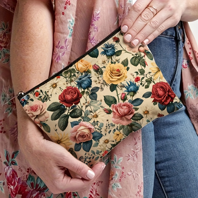 TEMU 1pc Beauty Tool Makeup Bag, Multifunctional Storage Bag, Vintage Floral Pattern, Artistic Style, Suitable For Women' Use, Ideal For Travel And Carrying On The Go
