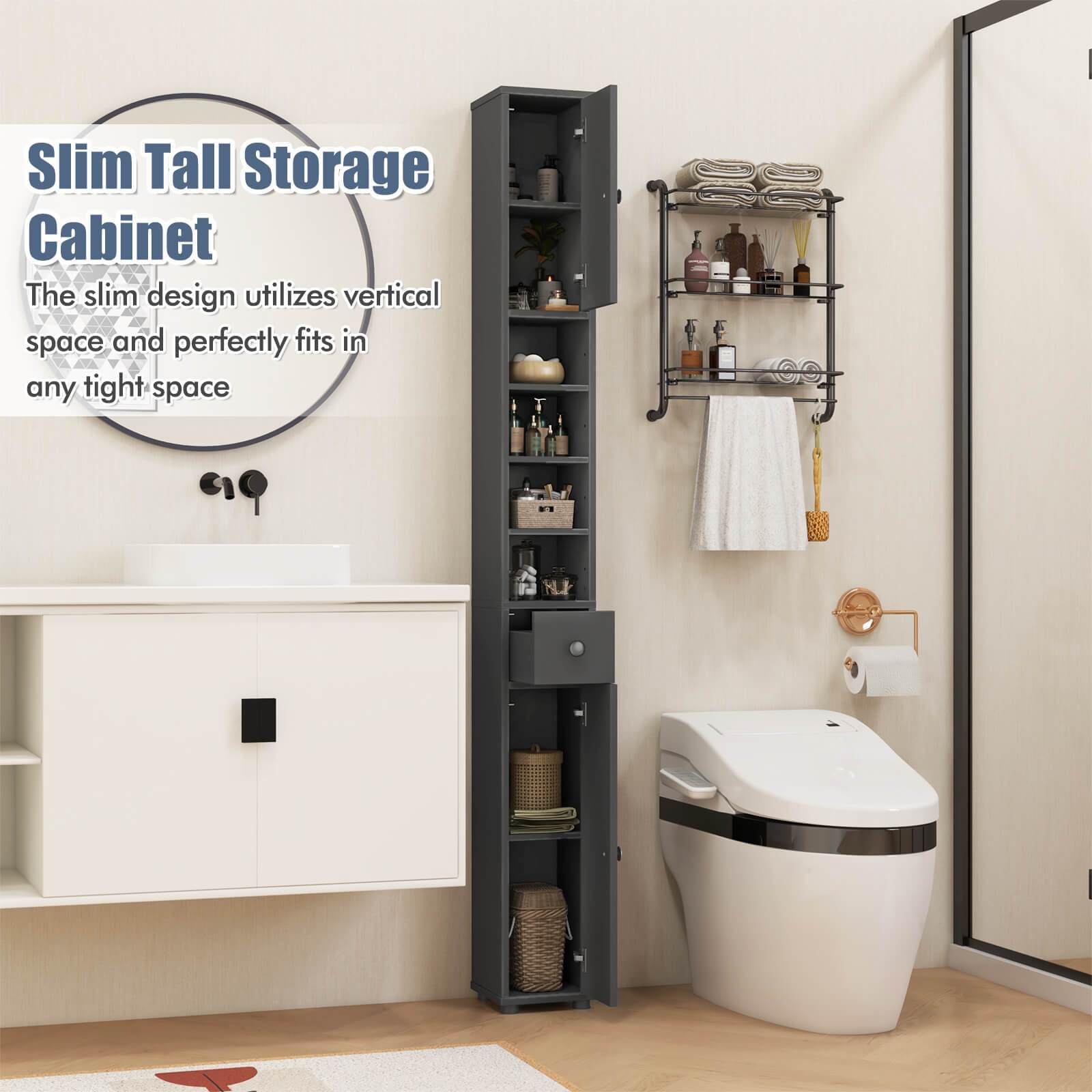 ultimate PETSITE Slim Bathroom Tall Cabinet, Freestanding Floor Storage Organizer with 2 Doors, 1 Drawer & 5 Adjustable Shelves, Narrow Linen Tower for Small Spaces, Wood Fiber Board Material, Bathroom Organizers And Storage 6 ultimate PETSITE Slim Bathroom Tall Cabinet, Freestanding Floor Storage Organizer with 2 Doors, 1 Drawer & 5 Adjustable Shelves, Narrow Linen Tower for Small Spaces, Wood Fiber Board Material, Bathroom Organizers And Storage - Image 6