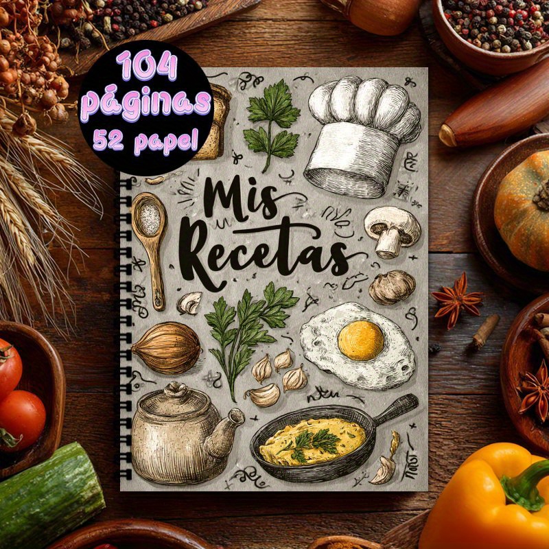 TEMU 1 Libro de Recetas en Español - Cuaderno Cocina A5 con 100 Páginas, Decoración Sombrero Chef, Tabla y Cuchara - Diario Gastronómico Sin para