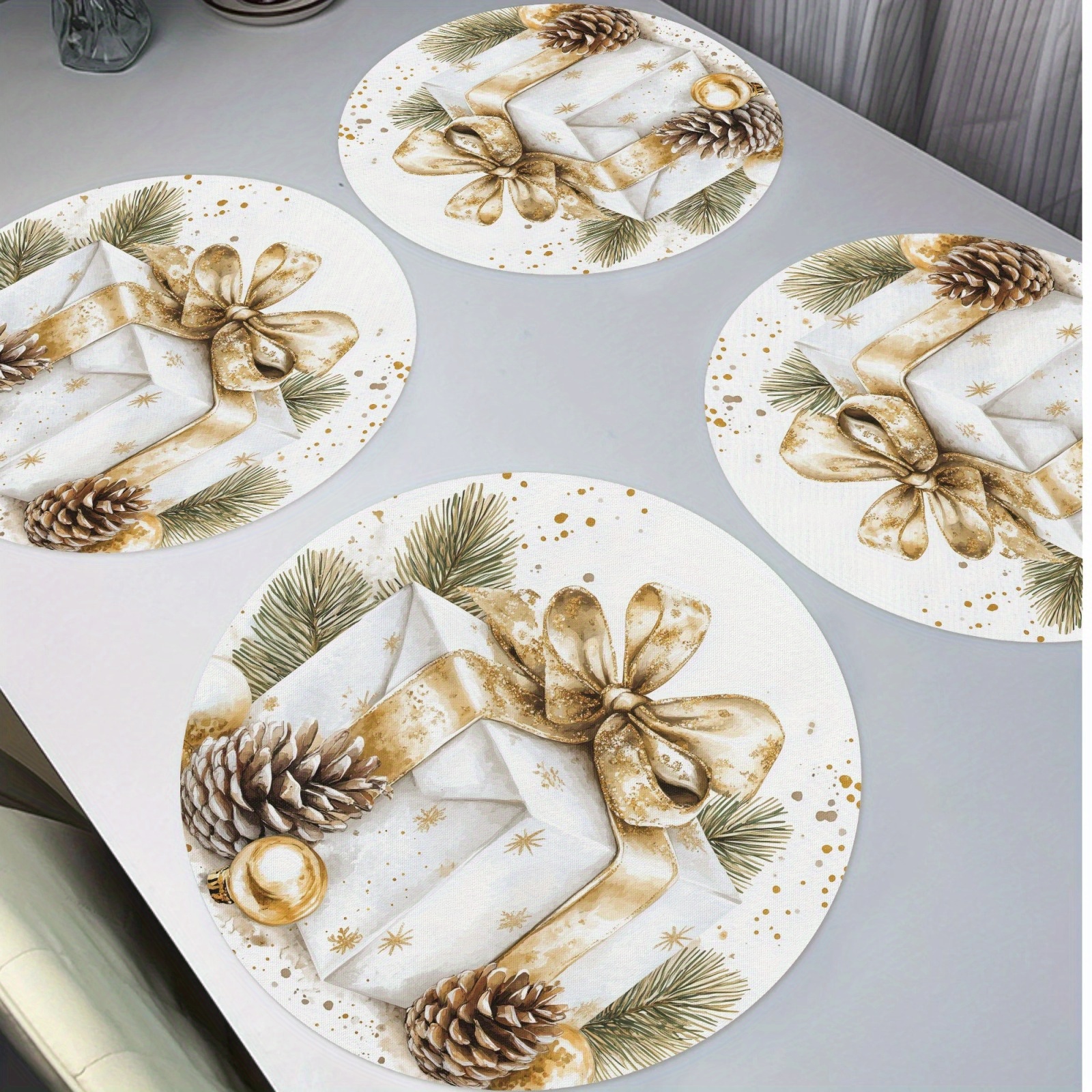 

4- Christmas Box And Round Placemats, 15" Polyester Table For , , And Dining Decor