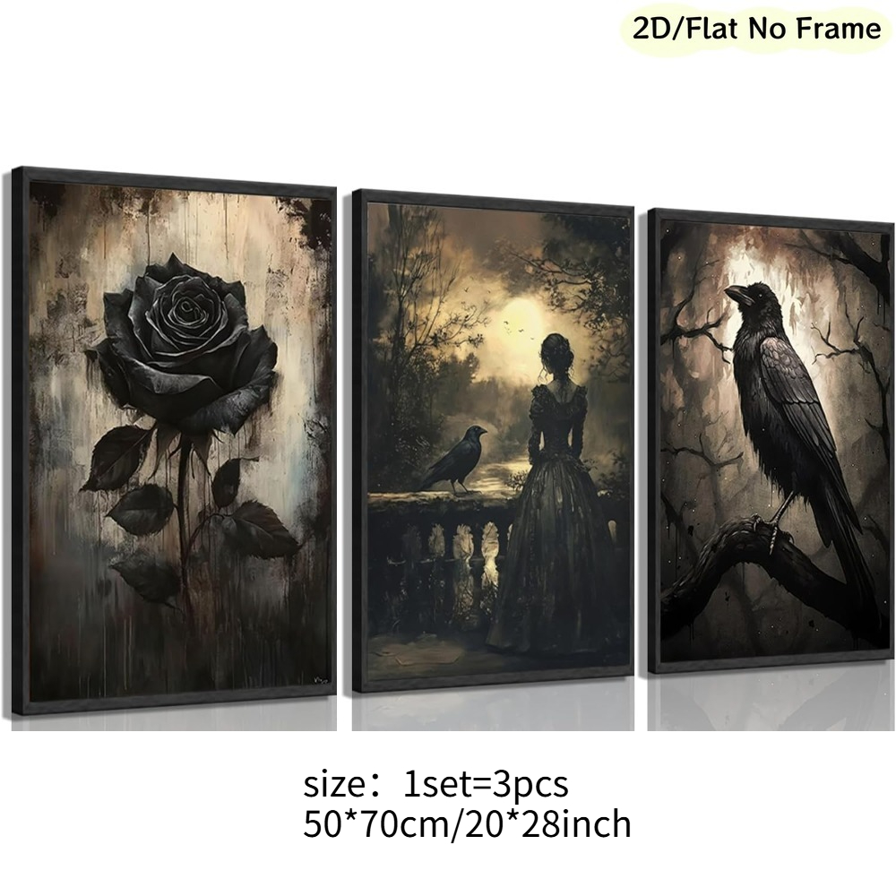 TEMU 2d Flat, 2d/flat Frameless, 3pcs Set Gothic Canvas Wall Art, Black Rose Print, Dark Academia Wall Decor, Woman And Crow Pattern, Dark Botanical
